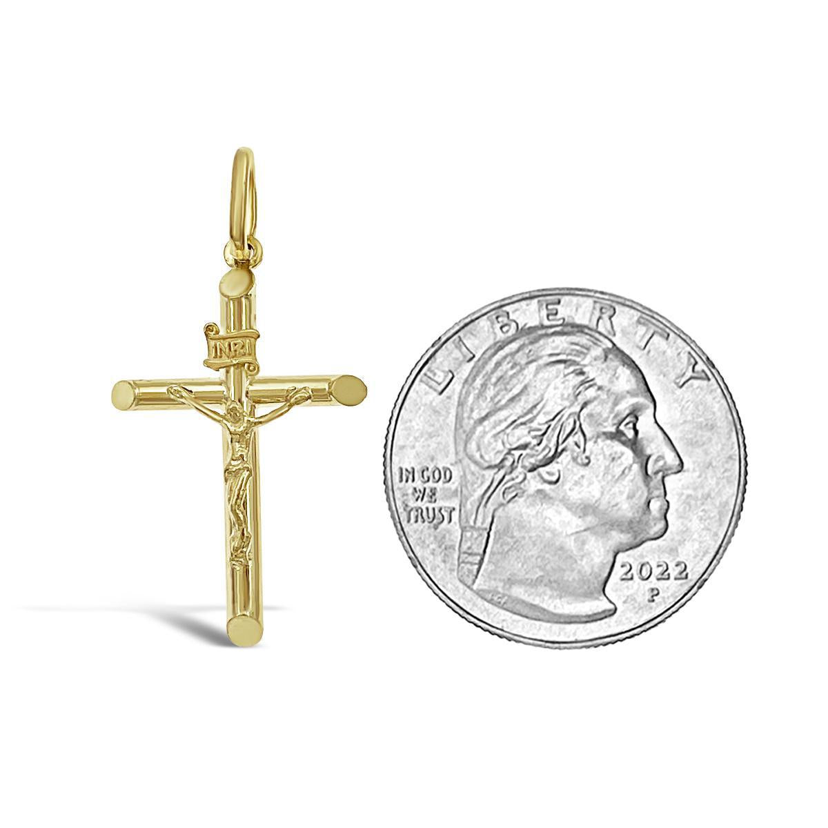 10k Gold Jesus Crucifix Cross INRI Tube Pendant Charm 1.3"