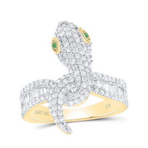 1 Cttw Baguette Diamond & Natural Emerald Snake Womens Ring 14k Yellow Gold