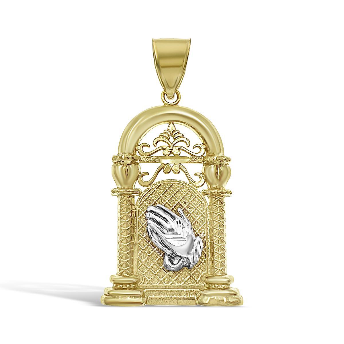 Praying Hands Pendant 10k Two Tone Gold Mens Charm 1.9"