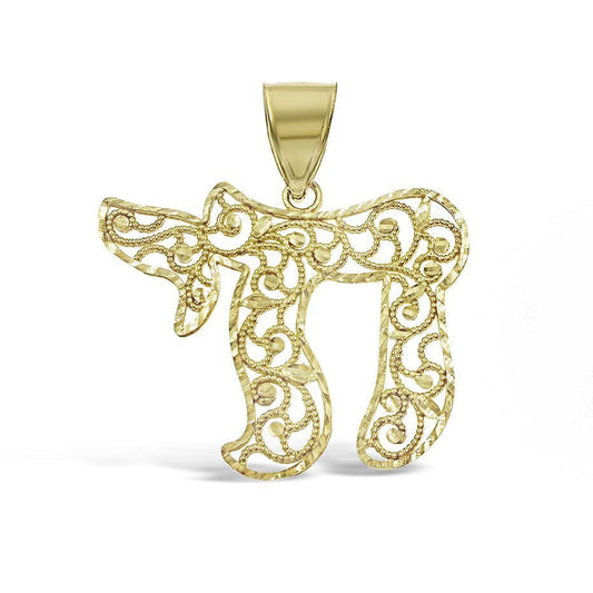 10K Yellow Gold Filigree Chai Pendant Jewish Symbol Charm