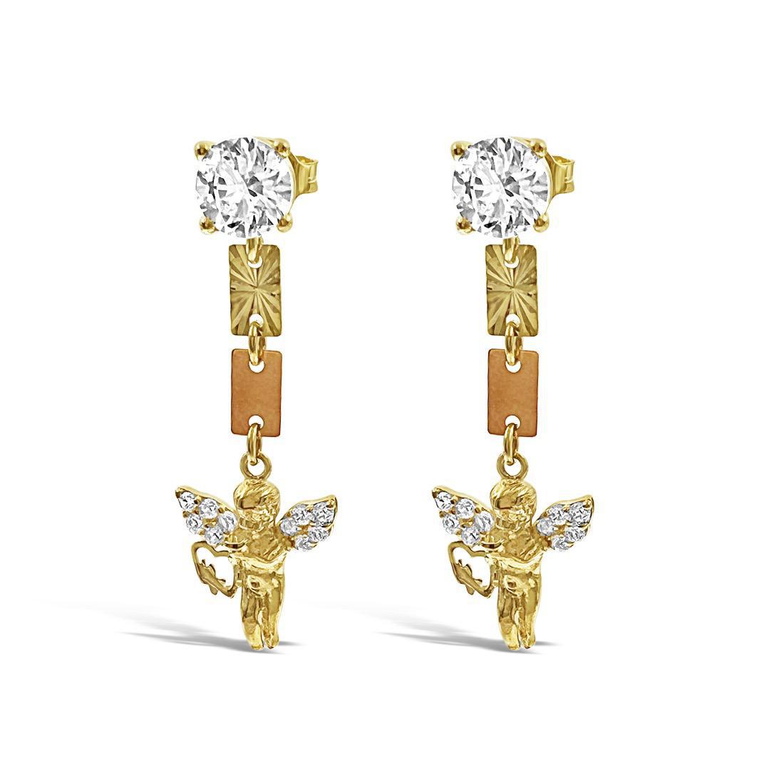 14k Yellow Rose Gold Angel Drop Dangle Stud Earrings 1.4 inch