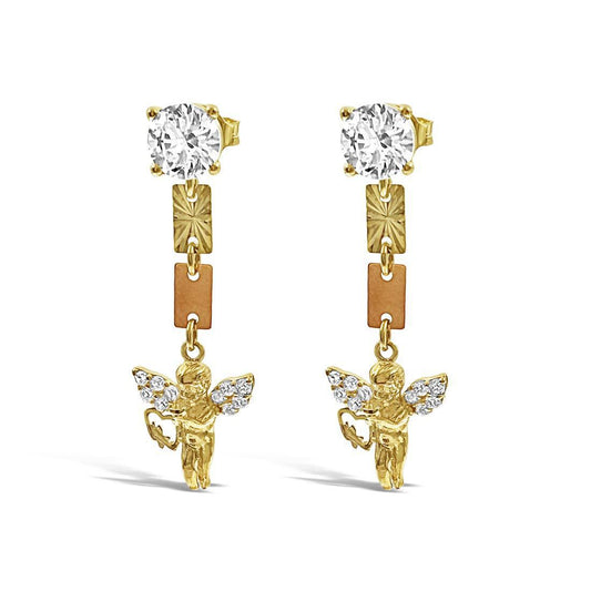 14k Yellow Rose Gold Angel Drop Dangle Stud Earrings 1.4 inch