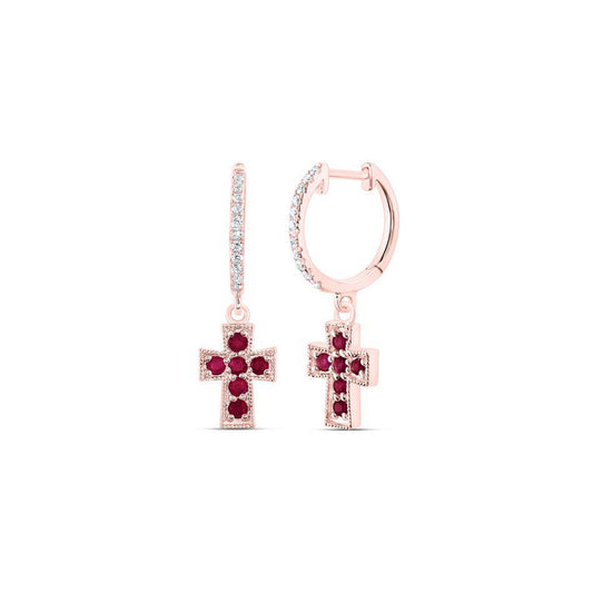 Natural Red Ruby & Diamond Cross Hoop Dangle Earrings 14k Rose Gold