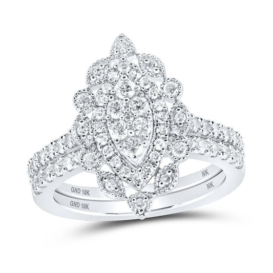 1Ctw Diamond Marquise Shape Wedding Ring Band Set 10k White Gold