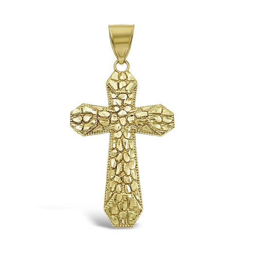 10k Yellow Gold Nugget Cross Pendant Mens Charm 2.2"