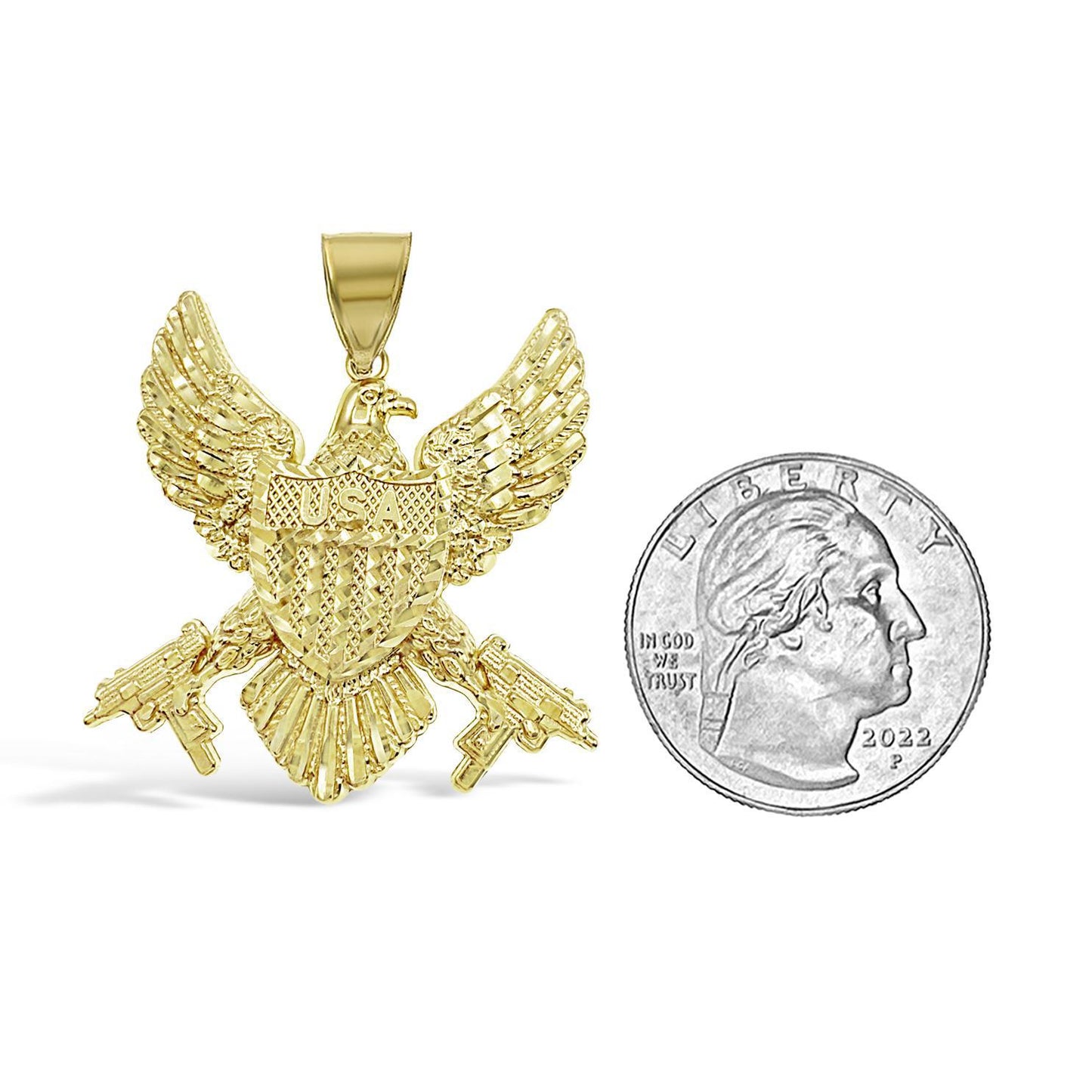 10k Yellow Gold American Eagle Gun USA Flag Mens Pendant Charm 1.5 inch