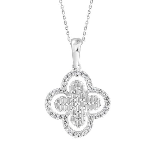 0.25cttw Diamond Baguette Clover Pendant 10k White Gold