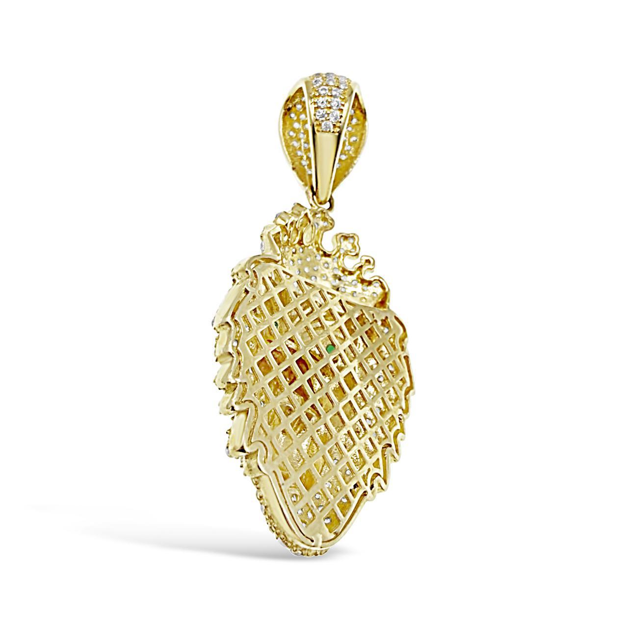 10K Yellow Gold Lion Head Pendant Mens Charm CZ 1.9"