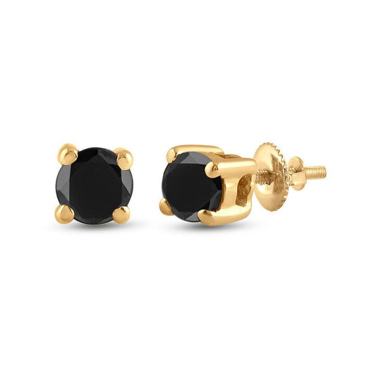 10kt Yellow Gold Round Black Color Treated Diamond Solitaire Stud Earrings