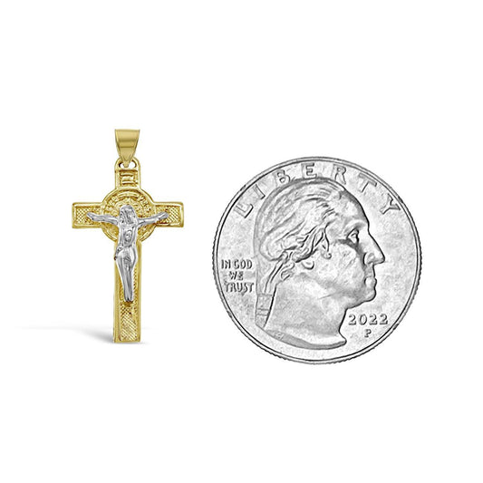 10K Two tone Gold Cross Crucifix Pendant Religious Charm 1"