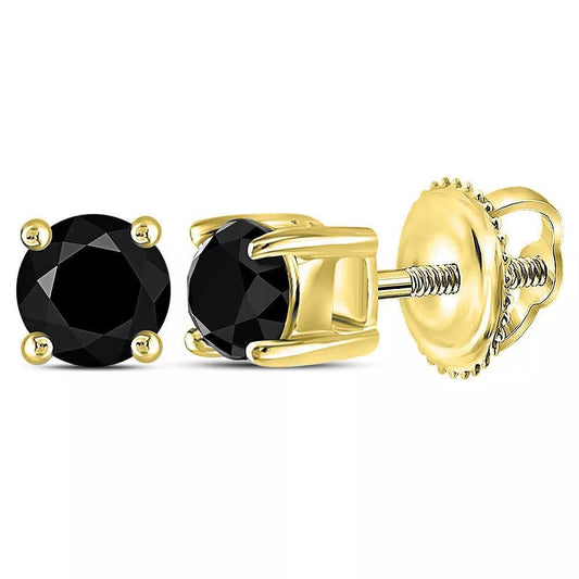 Black Color Diamond Solitaire Stud Earrings 10kt Yellow Gold