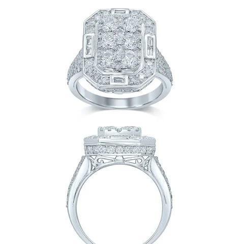 2.75ctw Diamond Cushion Cluster Womens Ring Round Baguette 10K White Gold