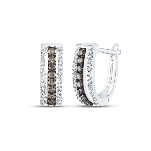 0.48ctw Brown White Diamond Womens Huggie Hoop Earrings 14K White Gold