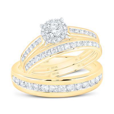 1.20 ctw Diamond Trio Wedding His Hers Ring Set Round Cluster 10k Yellow Gold