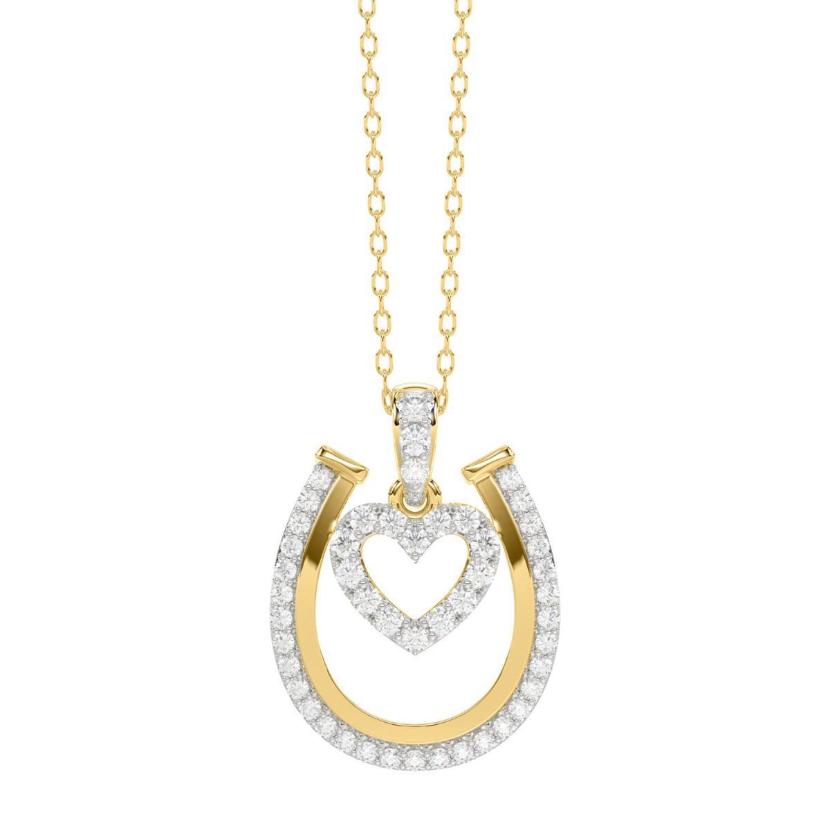0.25 Cttw Diamond Horseshoe Heart Luck Pendant Charm 14k Yellow Gold