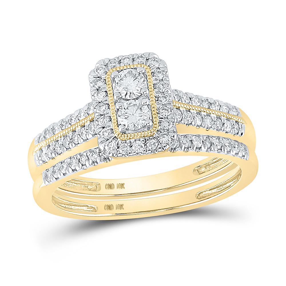 10kt Yellow Gold Round Diamond 2-Stone Bridal Wedding Ring Band Set 1/2 Cttw