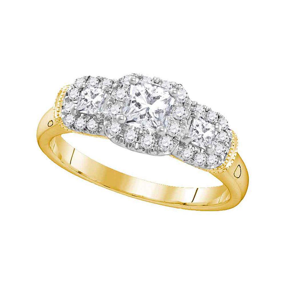 0.76ctw Princess Cut Diamond Three Stone Halo Ring 14K Yellow Gold