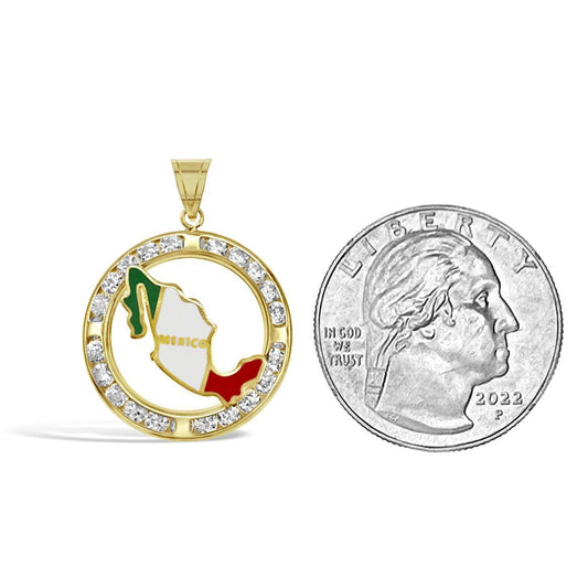 14K Yellow Gold Mexico Flag CZ Enamel Pendant Charm 1.0"