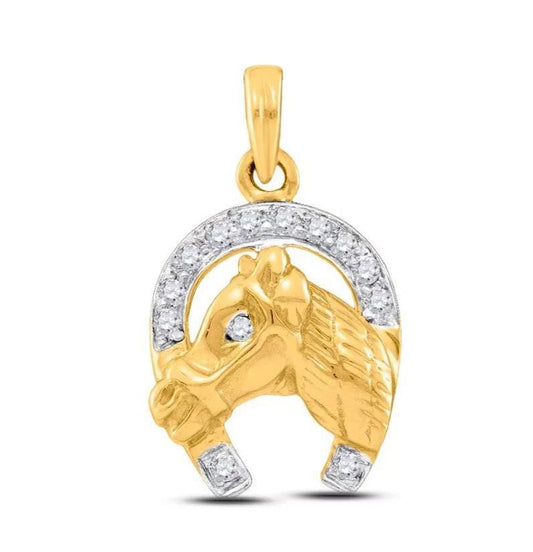 Diamond Lucky Horseshoe Horse Head Charm Pendant 10k Yellow Gold Mens