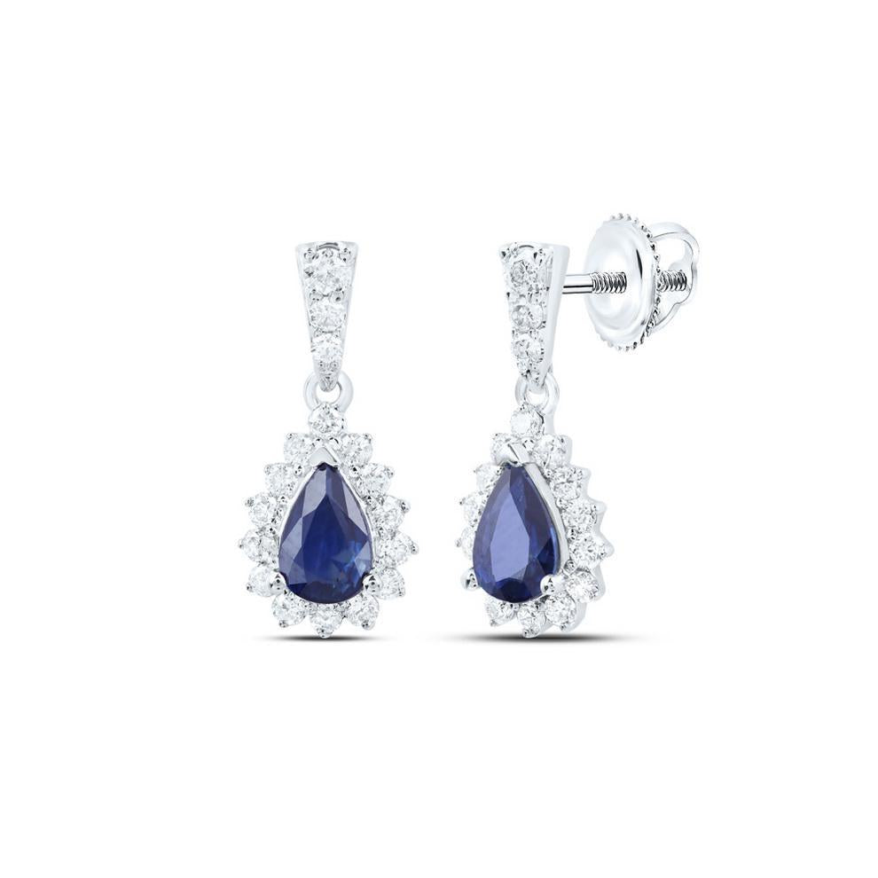 Natural Pear Blue Sapphire & Diamond Dangle Stud Earrings 10k White Gold 1.5cttw