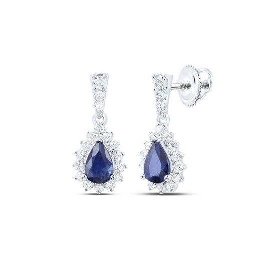 Natural Pear Blue Sapphire & Diamond Dangle Stud Earrings 10k White Gold 1.5cttw