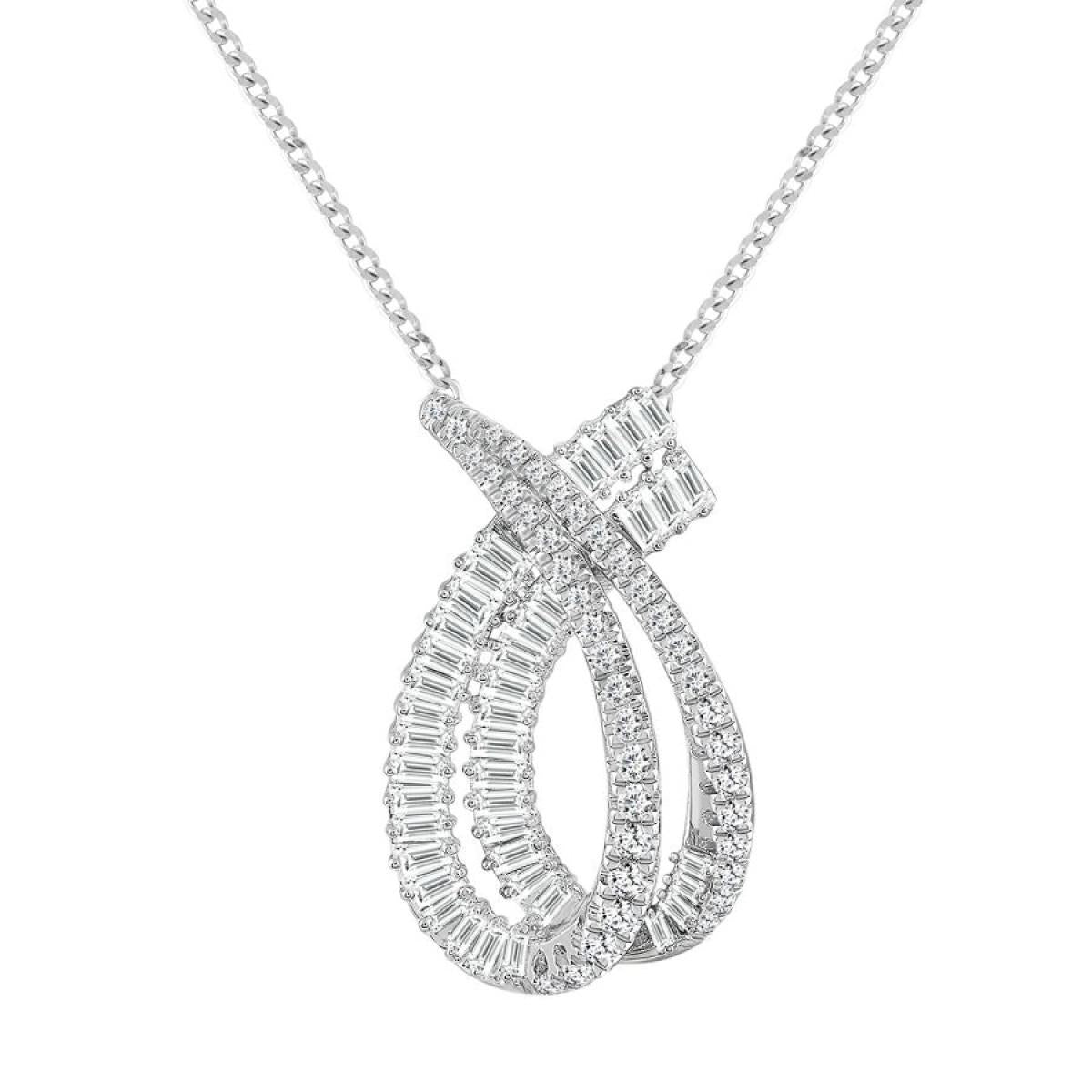 1.00cttw Diamond Round / Baguette Pendant Necklace 14k White Gold