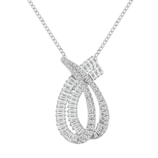 1.00cttw Diamond Round / Baguette Pendant Necklace 14k White Gold