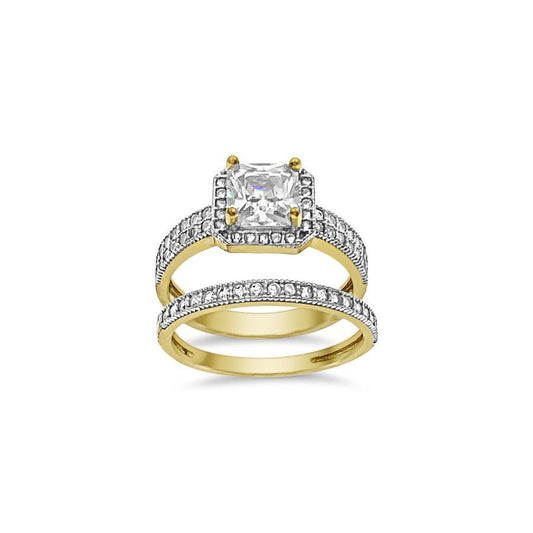 10K Yellow Gold CZ Bridal Ring Set Engagement Wedding Band Duo Cushion Halo