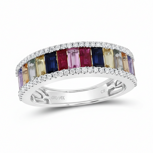 Rainbow Sapphire & Diamond Anniversary Band 14K White Gold