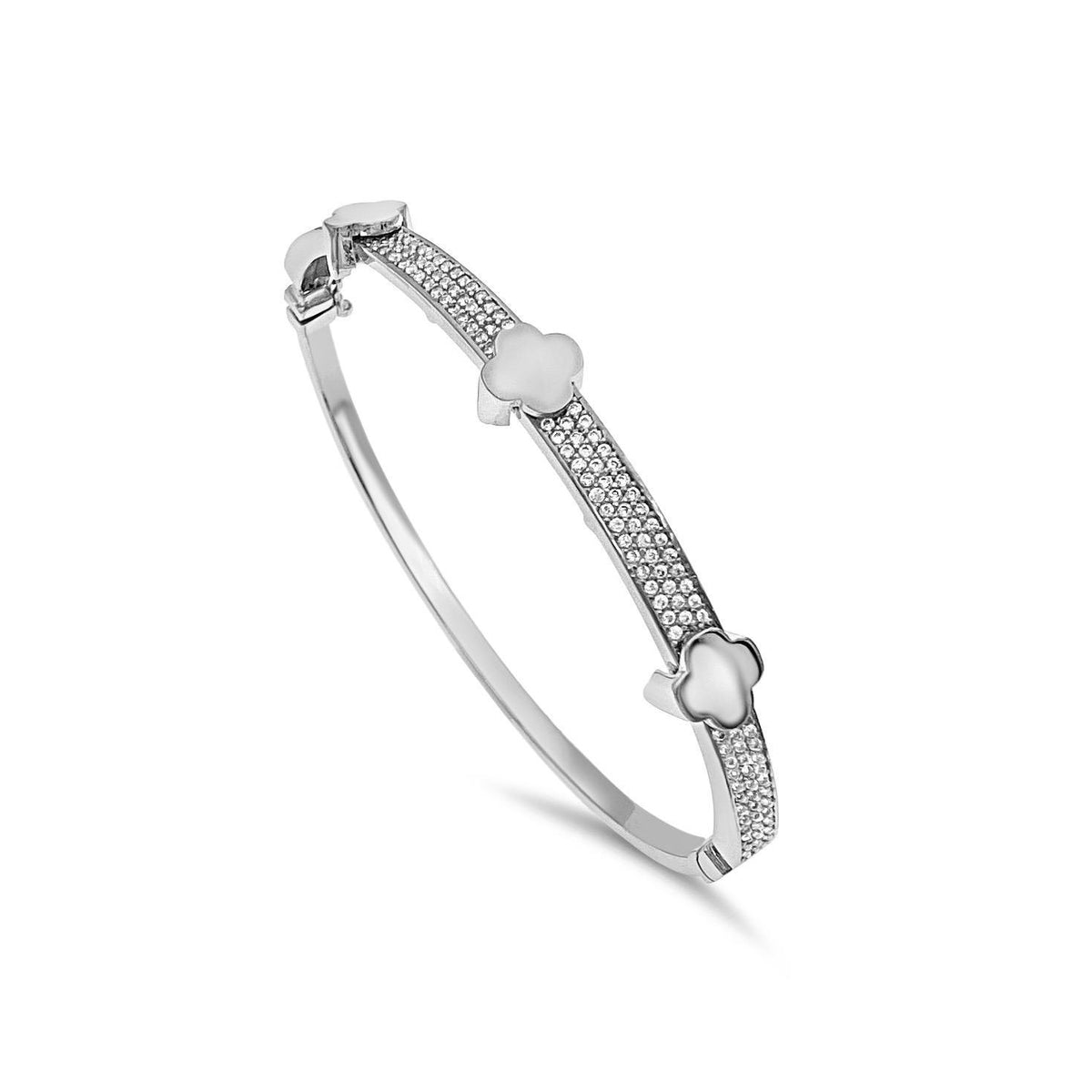 14K White Gold Clover Hinged Bangle Bracelet