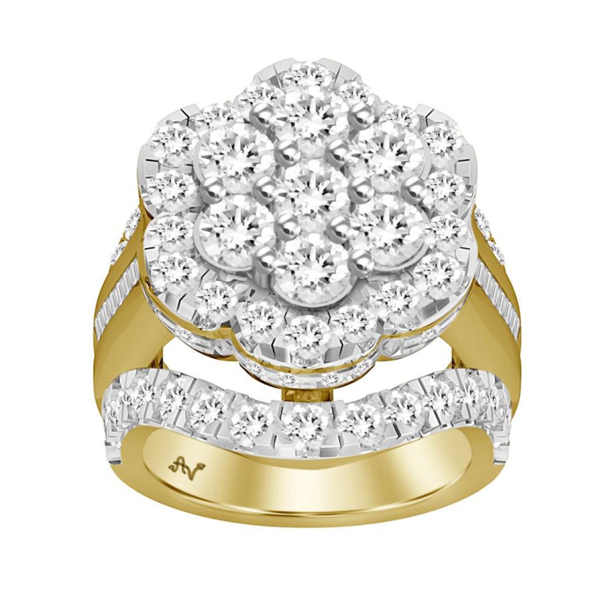 5 Ctw Diamond Natural Baguette Round Flower Cluster Ring 10k Yellow Gold