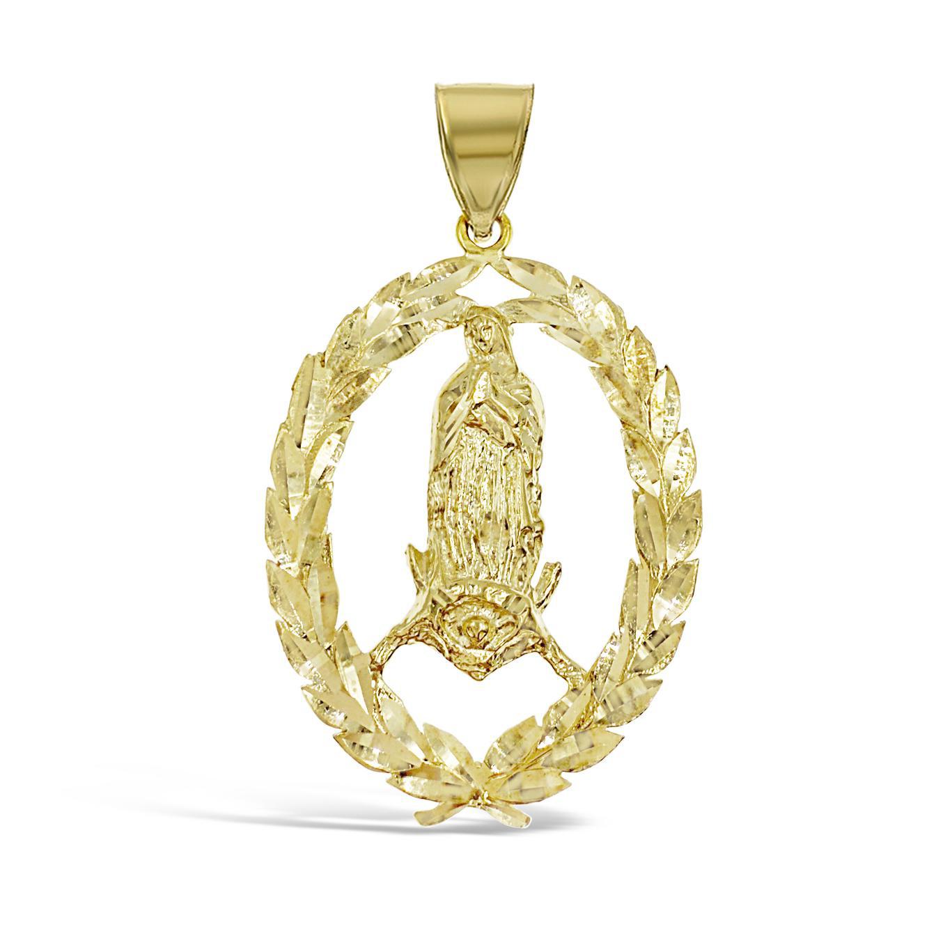 10K Yellow Gold Lady Of Guadalupe Oval Leaf Border Pendant Virgin Mary