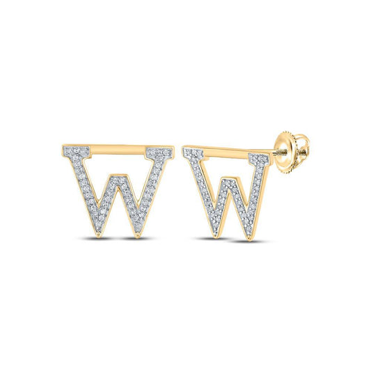 Round Diamond W Initial Letter Womens Stud Earrings 10k Yellow Gold Screw Back