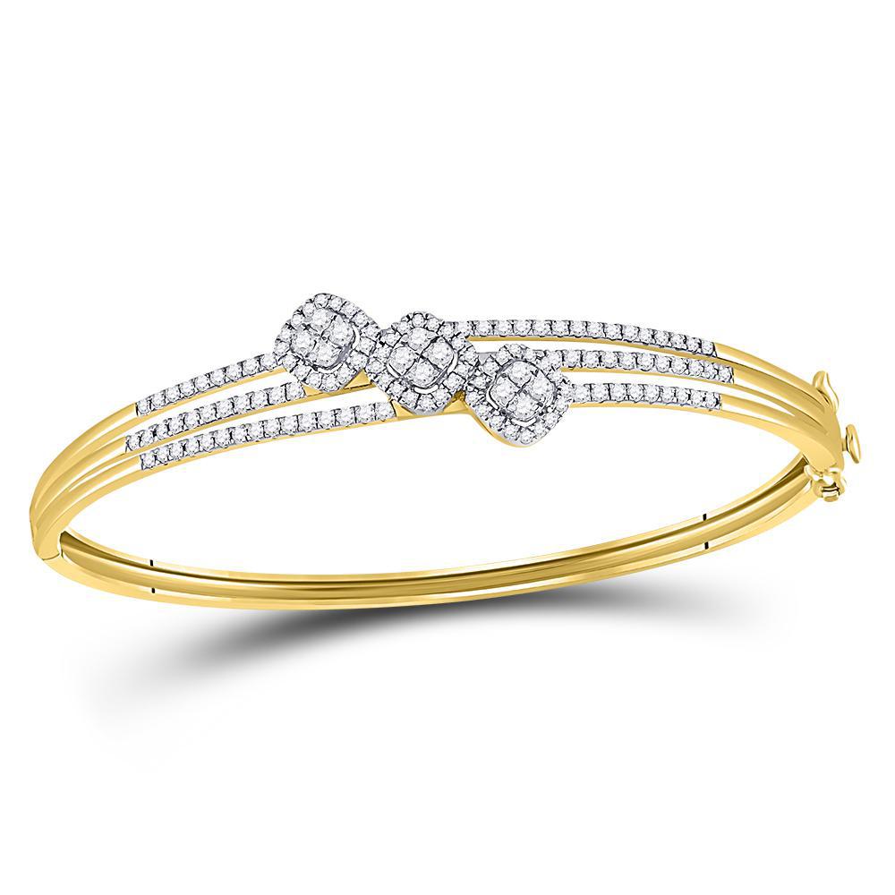 1.25 Ctw Diamond Triple Cluster Womens Hinged Bangle Bracelet 14k Yellow Gold
