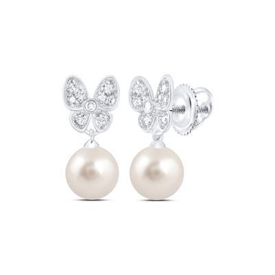 Natural Pearl 6mm & Diamond Butterfly Drop Stud Earrings 10k White Gold