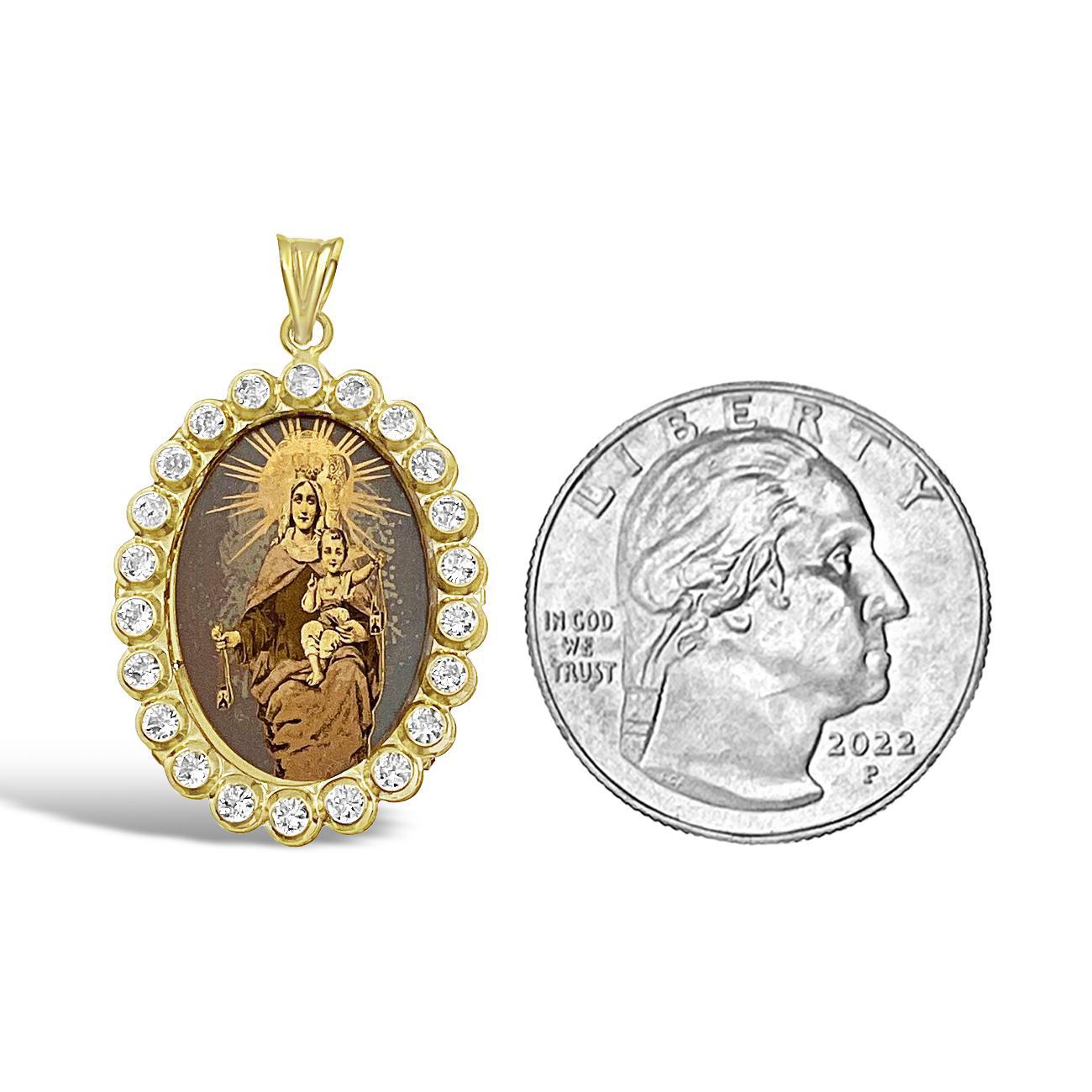 14k Gold Virgin Mary Baby Jesus Pendant Lady Guadalupe Charm Oval 1.3"