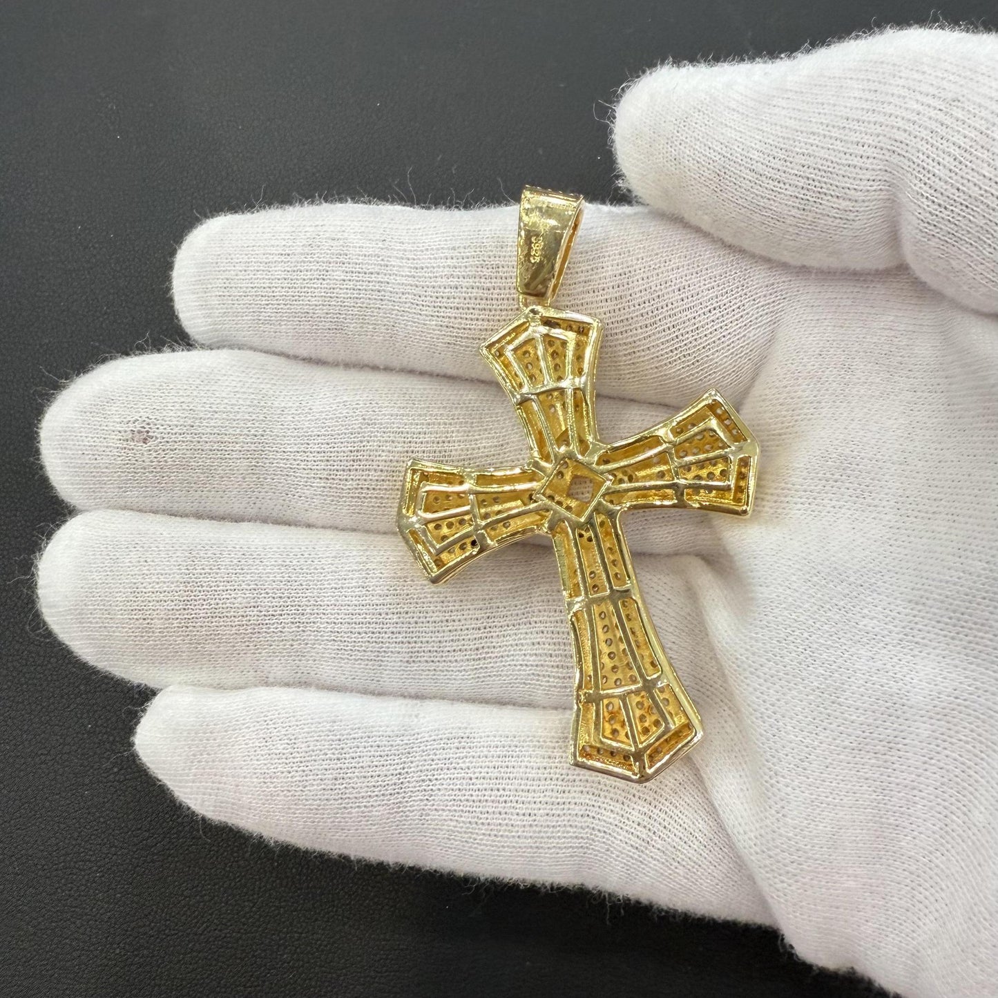 Cross Pendant Charm 925 Sterling Silver Gold Plated Iced Out CZ 2.4"