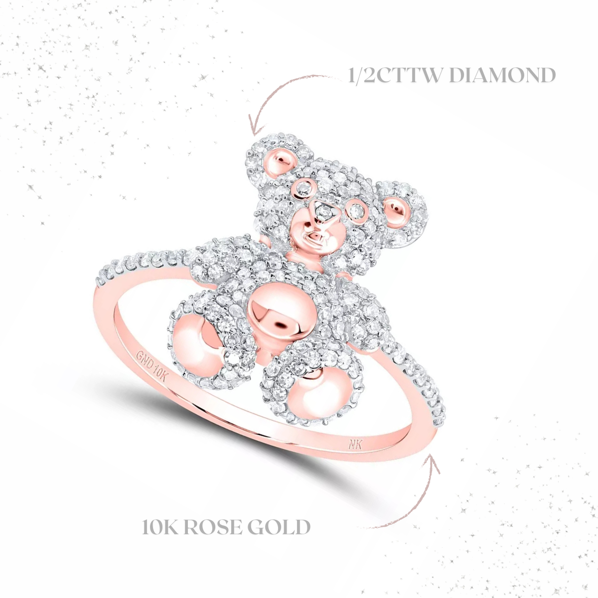 0.50ctw Diamond Teddy Bear Womens Ring 10k Rose Gold