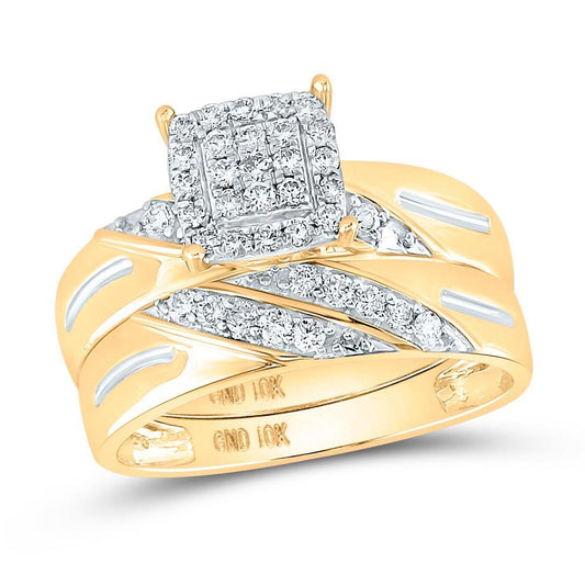 0.6ctw Diamond Trio Wedding His Hers Ring Set 10k Yellow Gold Square Cluster