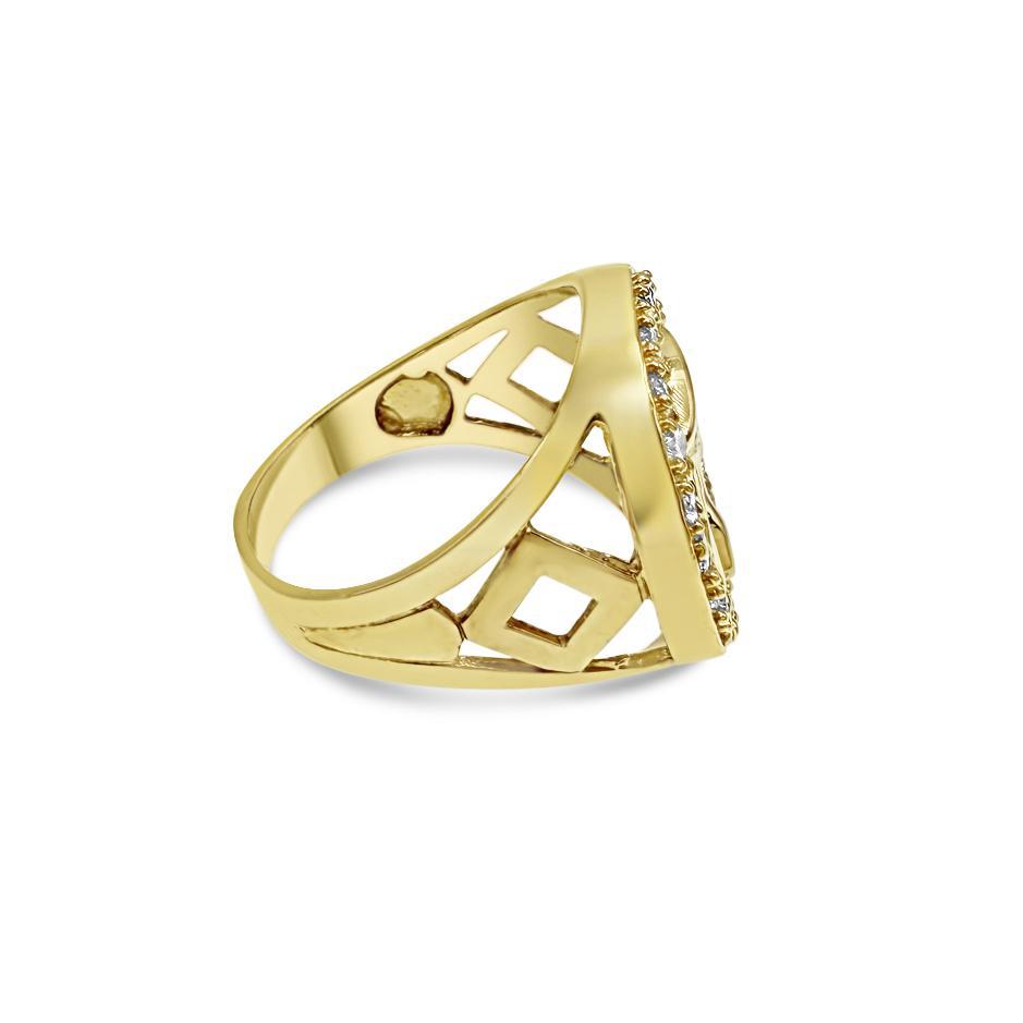 10K Yellow Gold Egyptian Queen Nefertiti Ankh Mens Signet Ring Round