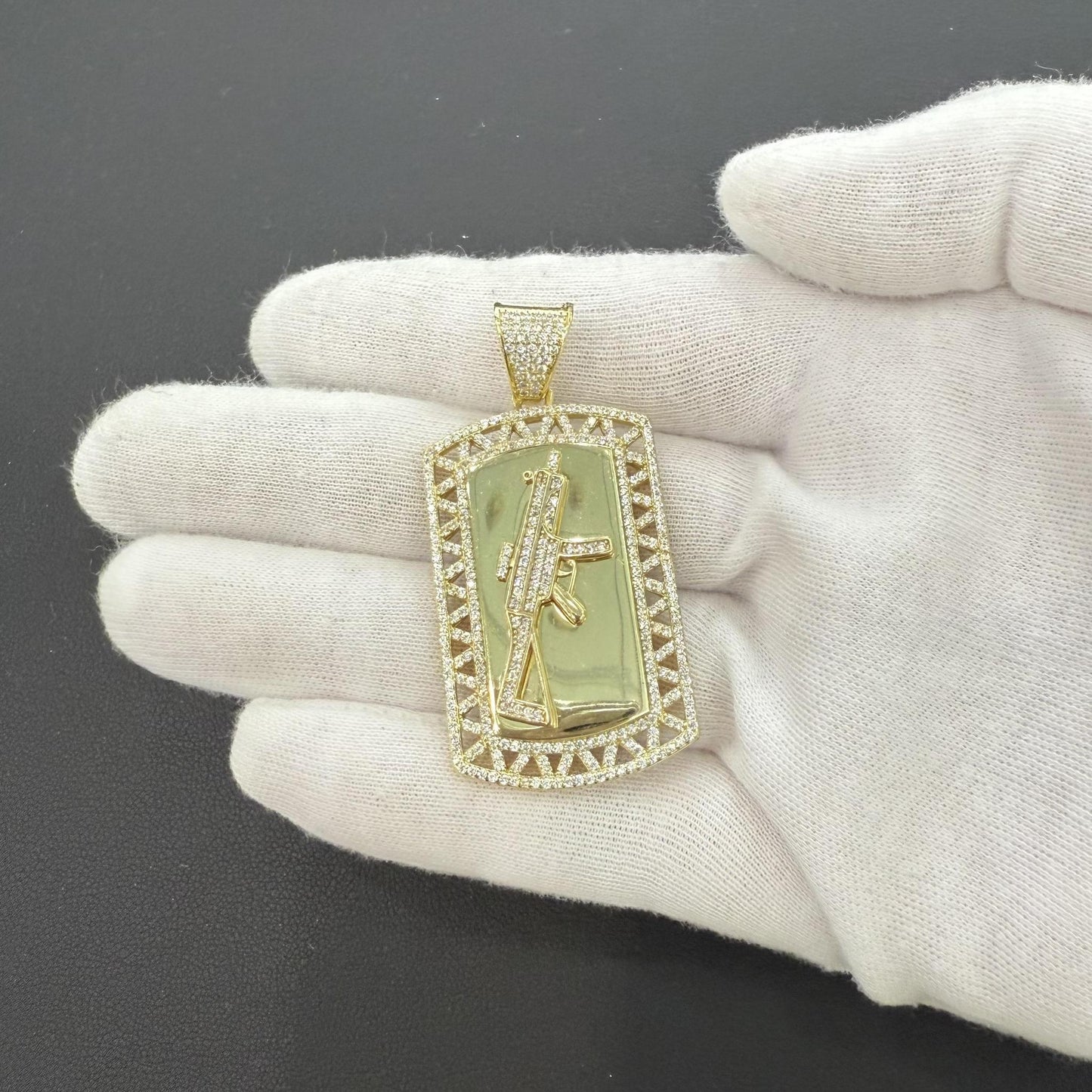 925 Sterling Silver Gold Plated AK-47 Gun Pendant Mens Iced Out Charm