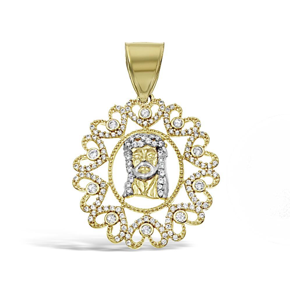 14K Two Tone Gold Jesus Head Heart Frame Pendant With CZ Religious Charm 1.6 in