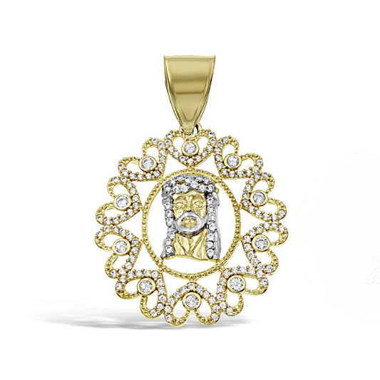 14K Two Tone Gold Jesus Head Heart Frame Pendant With CZ Religious Charm 1.6 in