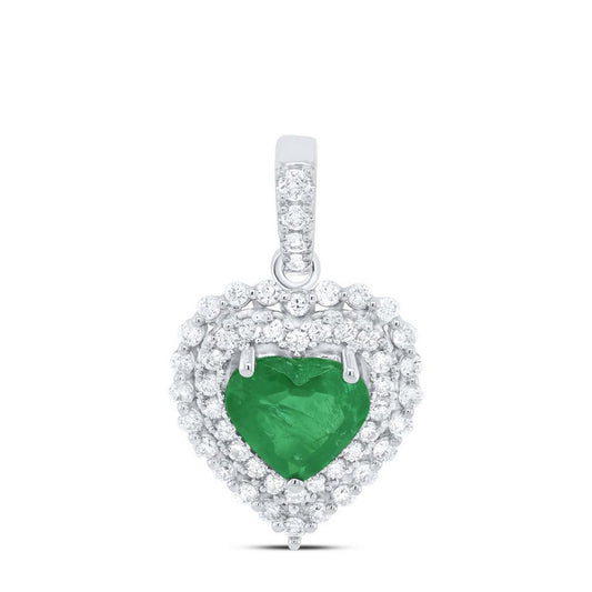 Natural Emerald Solitaire Heart & Diamond Pendant Charm 14k White Gold