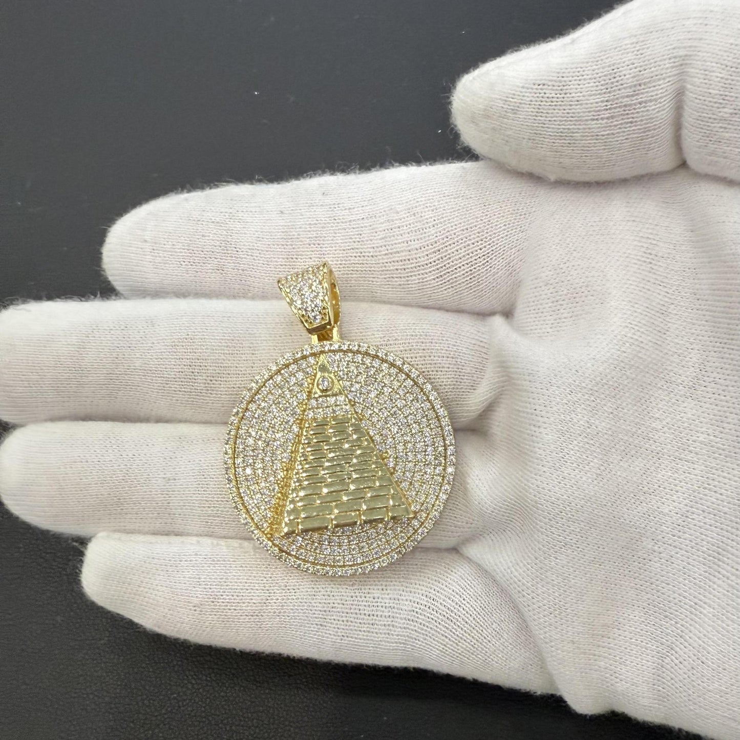 925 Sterling Silver Gold Plated CZ Pyramid All Seeing Eye Pendant Round Charm