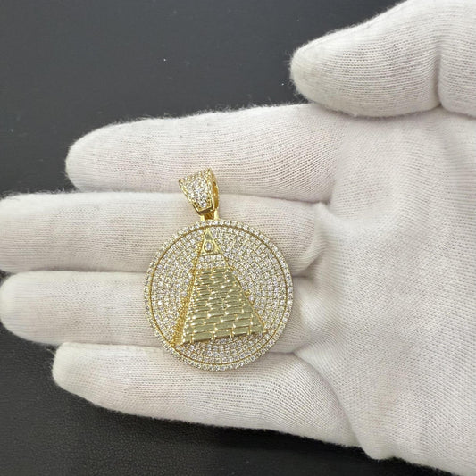 925 Sterling Silver Gold Plated CZ Pyramid All Seeing Eye Pendant Round Charm