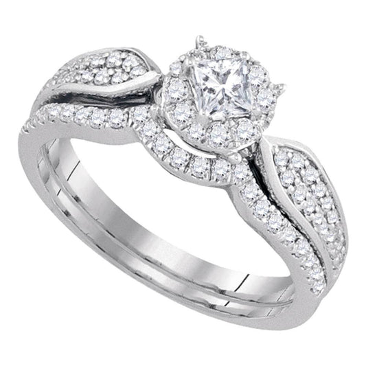 0.75 Ctw Princess Diamond Round Cluster Bridal Wedding Ring Set 14k White Gold