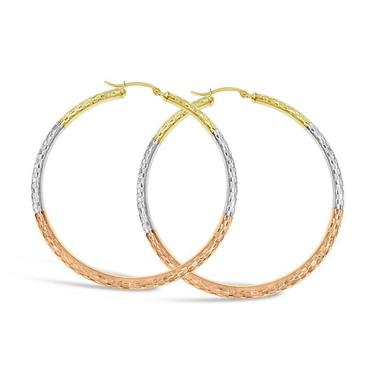 10K Tri Color Gold Textured Womens Large Hoop Earrings 2.2 Inch 3mm