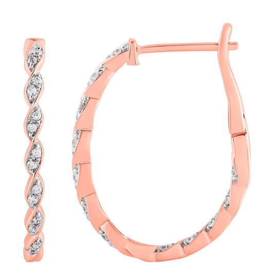 0.25 cttw Diamond Twist Inside Out Oval Hoop Earrings 10k Rose Gold