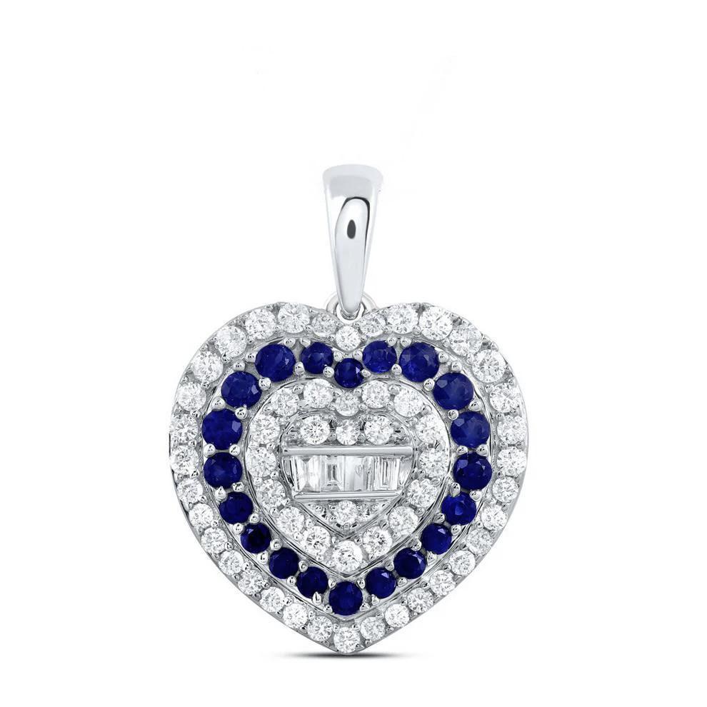 Natural Blue Sapphire & Diamond Pendant Heart Charm 10k White Gold 1.12 cttw